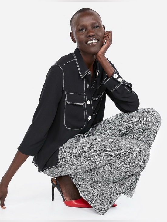 Express Tops - Express Black Button-Down Shirt with White Stitching